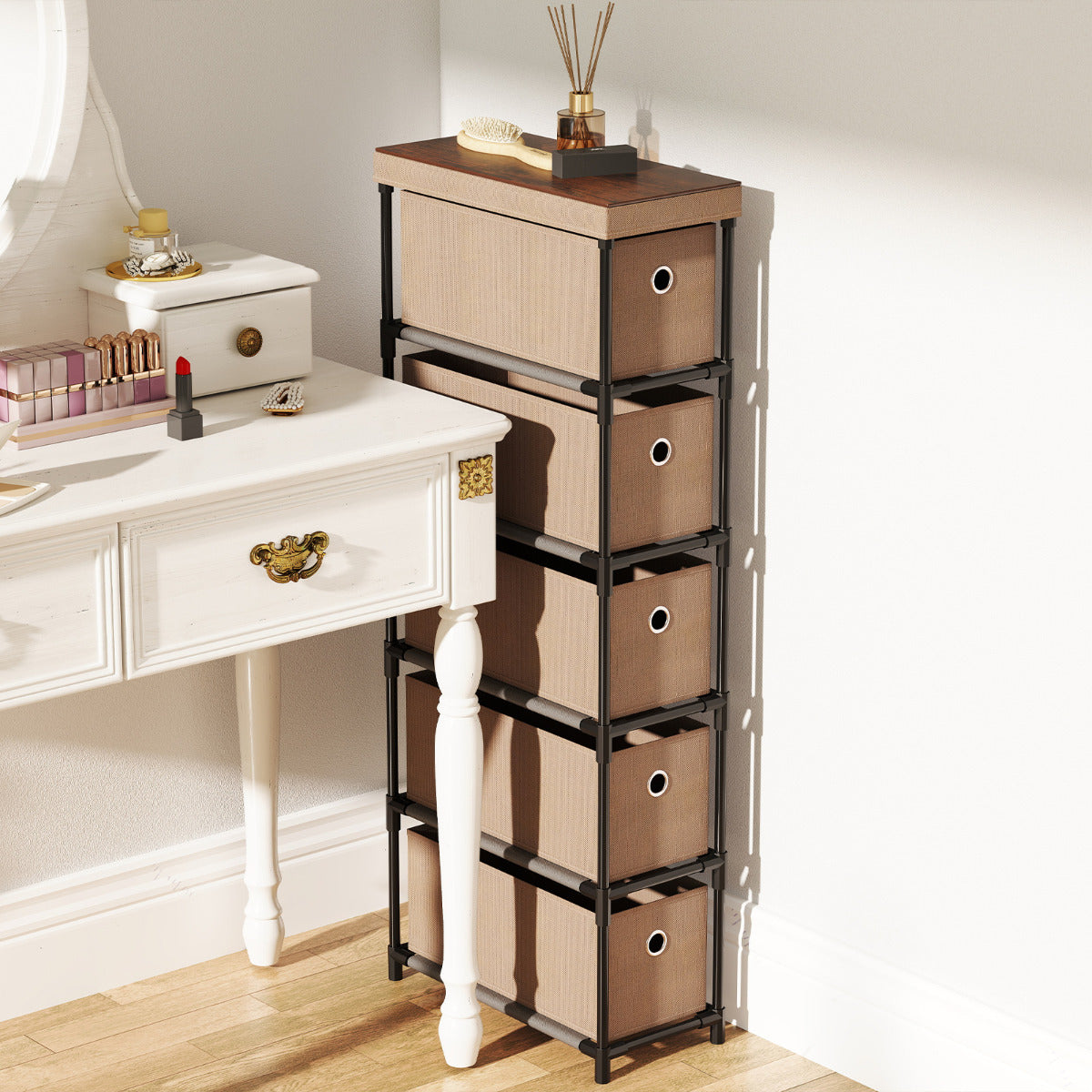 Narrow Dresser with 5 Drawers Slim Storage Tower with Metal Frame-Coffee