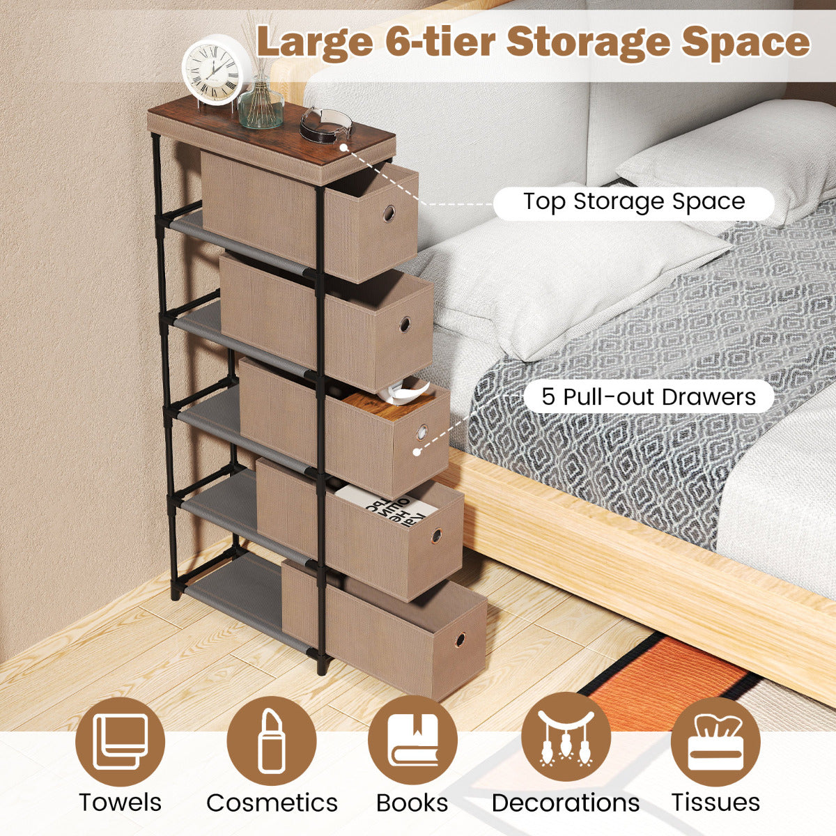 Narrow Dresser with 5 Drawers Slim Storage Tower with Metal Frame-Coffee