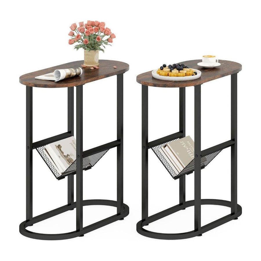 2-Tier Oval End Table Set of 2 Space-saving Slim Couch Side Table -Rustic Brown