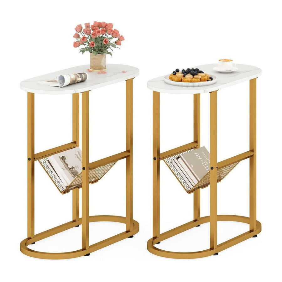 2-Tier Oval End Table Set of 2 Space-saving Slim Couch Side Table -White