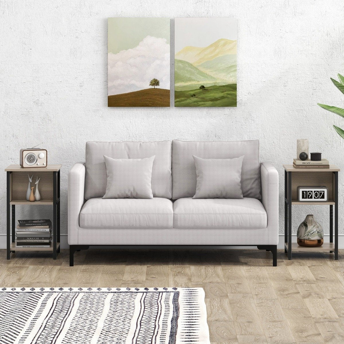 Narrow Sofa Side Table Set of 2 with Storage Shelf for Small Spaces-Grey