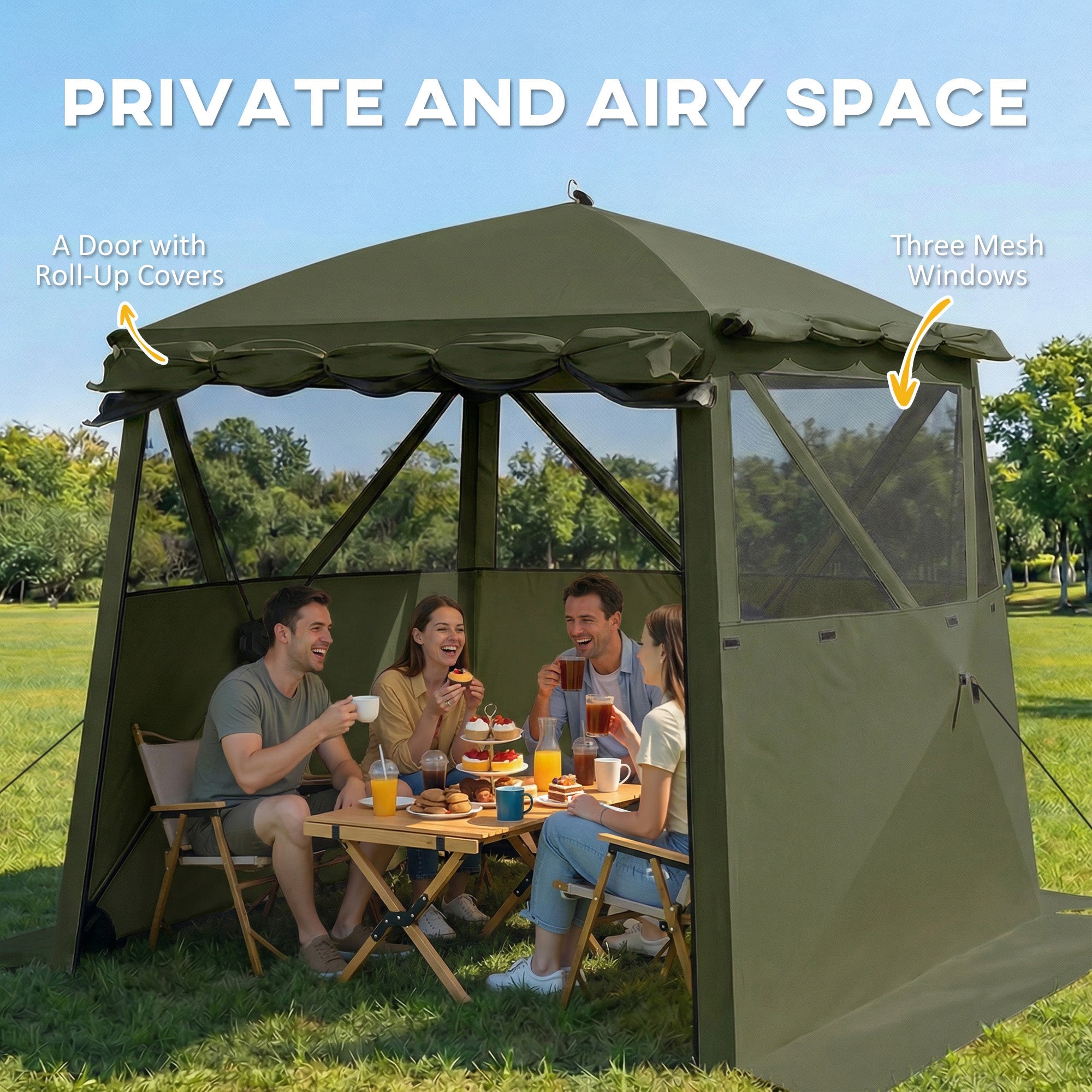 Outsunny Pop Up Gazebo Waterproof Instant Shelter with Awning Mesh Windows for Camping Patio 2 x 2 m, Army Green