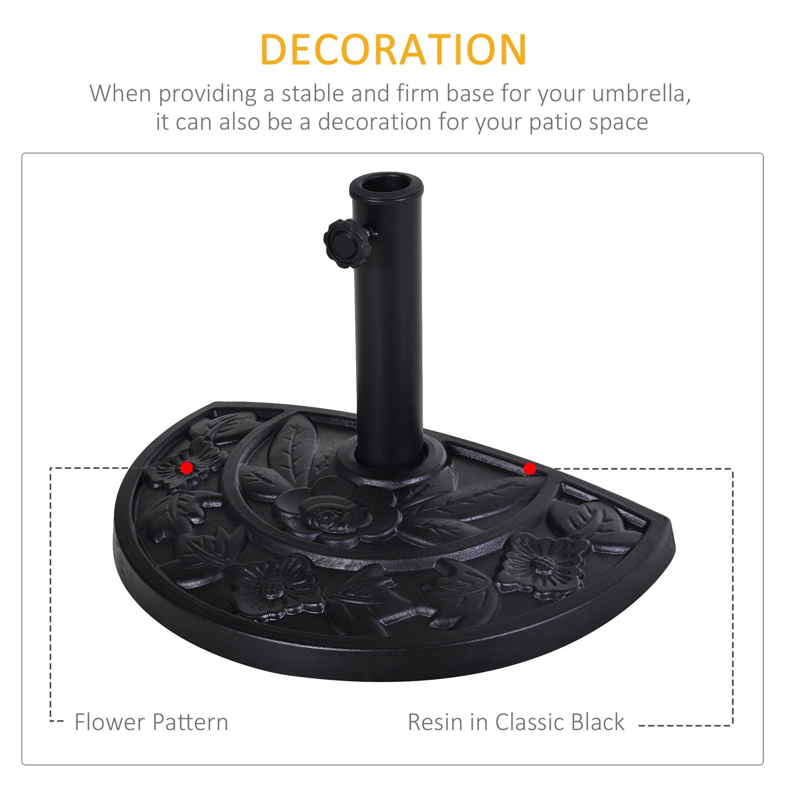 Outsunny 9kg Resin Parasol Base, Half Round Umbrella Stand with Floral Design for Garden, Outdoor, Suitable Umbrella Rod: Φ3.8cm, Φ4.8cm, Black