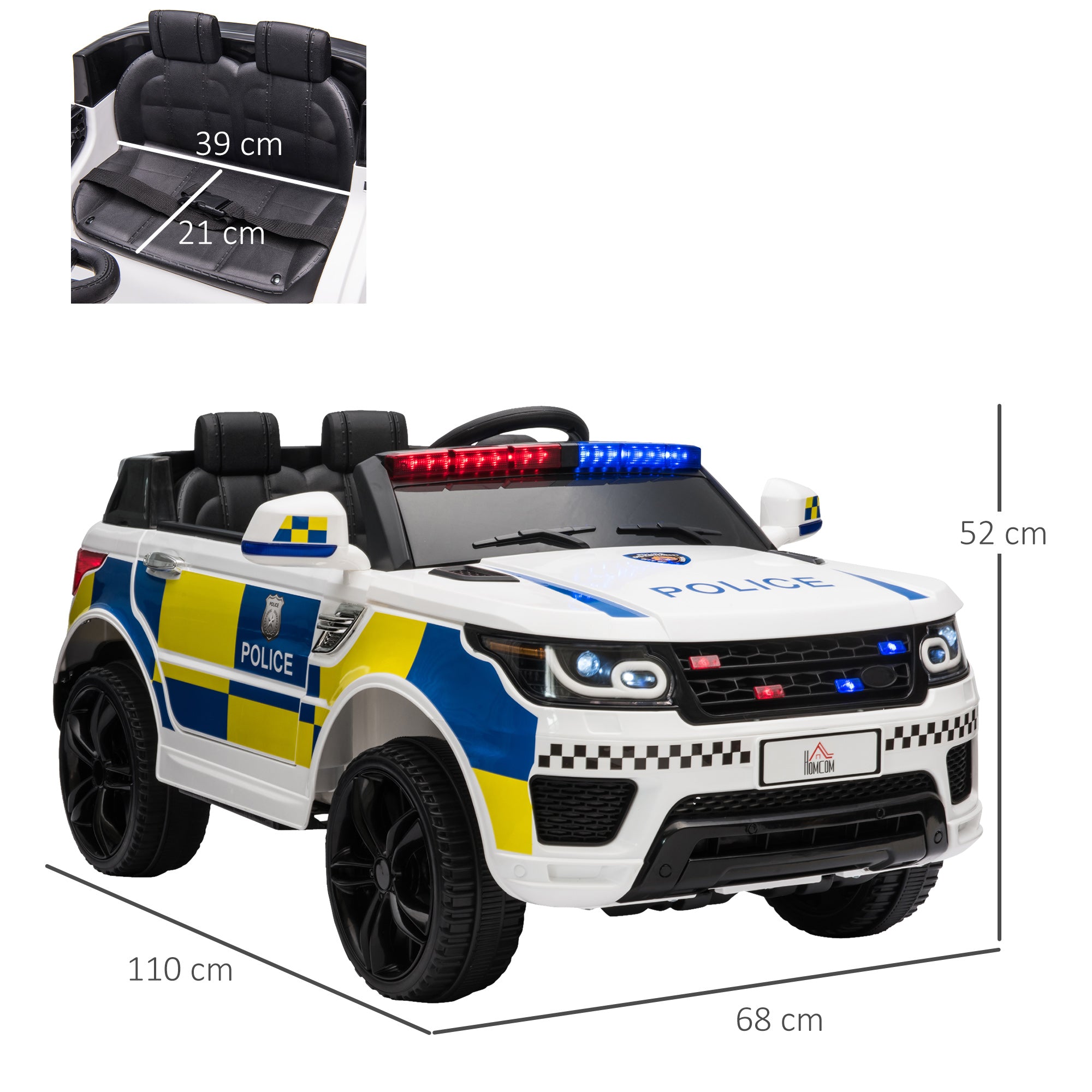 HOMCOM 12V Kids Electric Ride On Police Car 2 Motors with Parental Remote Control Siren Flashing Lights USB Portable for 3-6 Years White