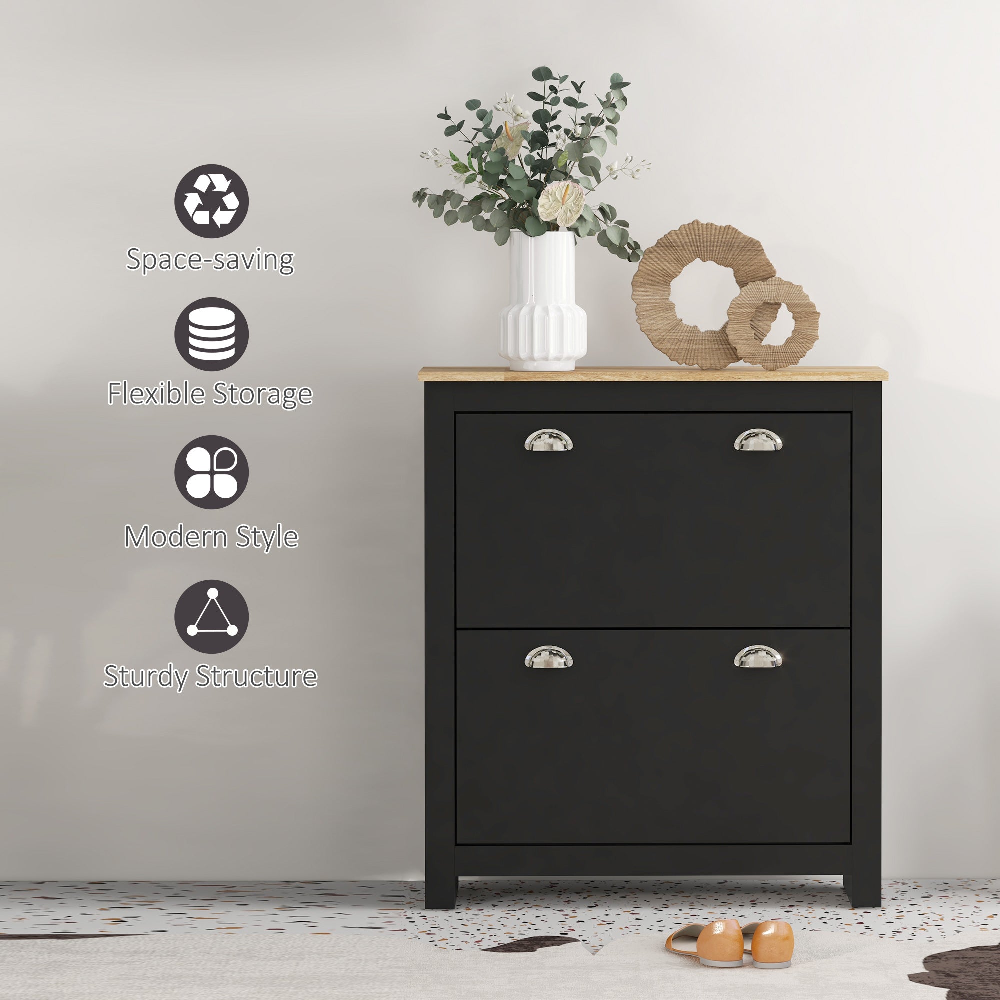 HOMCOM 2 Drawer Shoe Cabinet Modern Narrow Shoe Cupboard Hallway Wooden Storage Organiser with Flip Doors Adjustable Shelf for 6-12 Pairs, Black