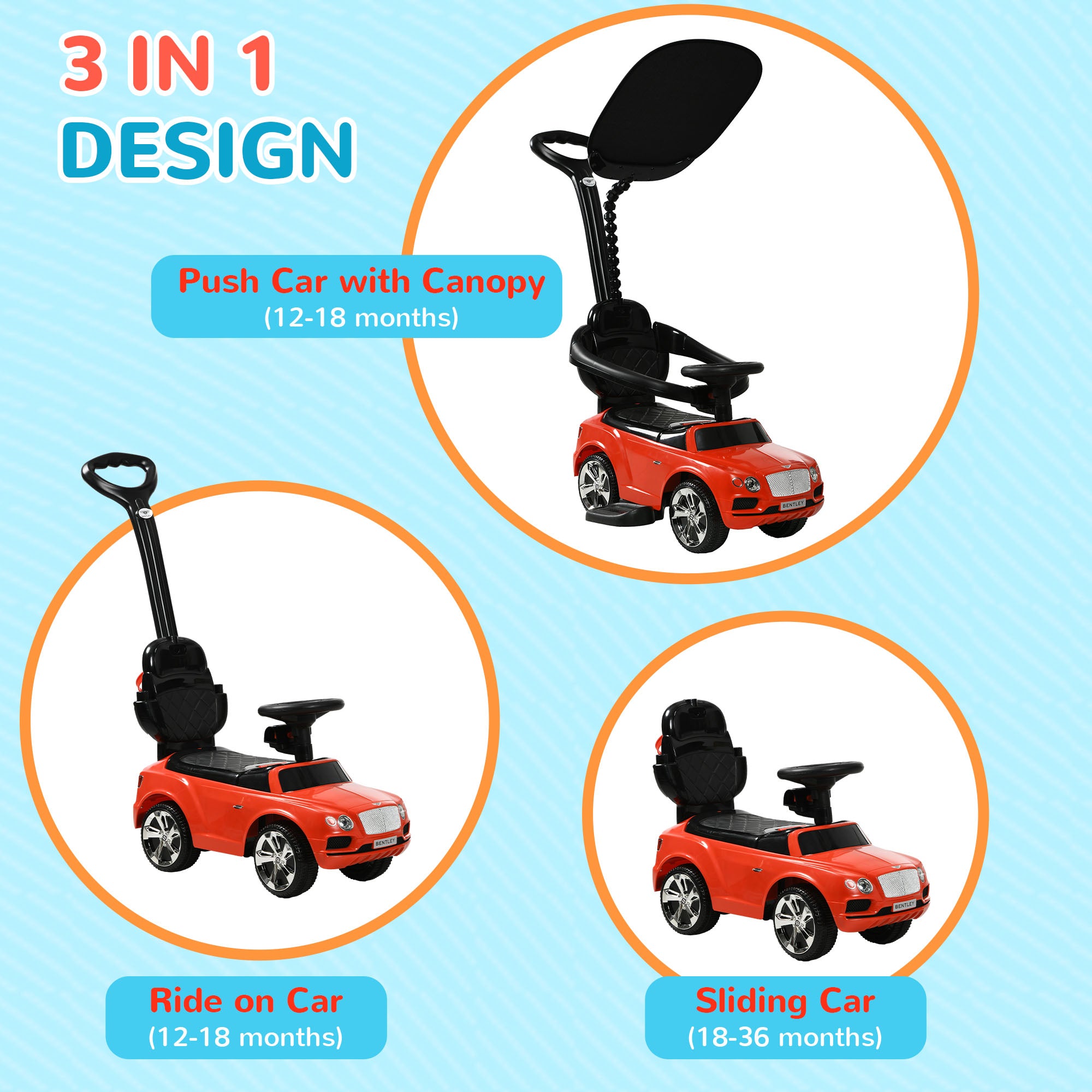 AIYAPLAY Bentley Bentayga Licensed 3-in-1 Baby Push Car, Ride on Car Sliding Car with Canopy, Horn Music - Red