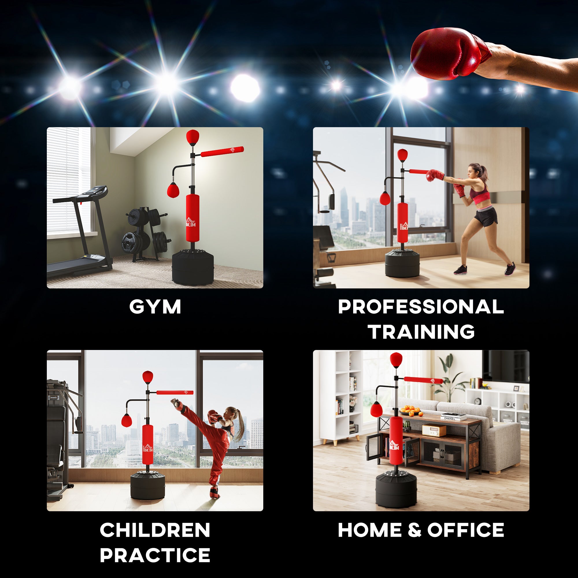 HOMCOM 4-in-1 Boxing Punching Bag, Freestanding with 2 Speed Bals, 360√Ç¬∞ Reflex Bar, 160-230cm Adjustable Height, Red