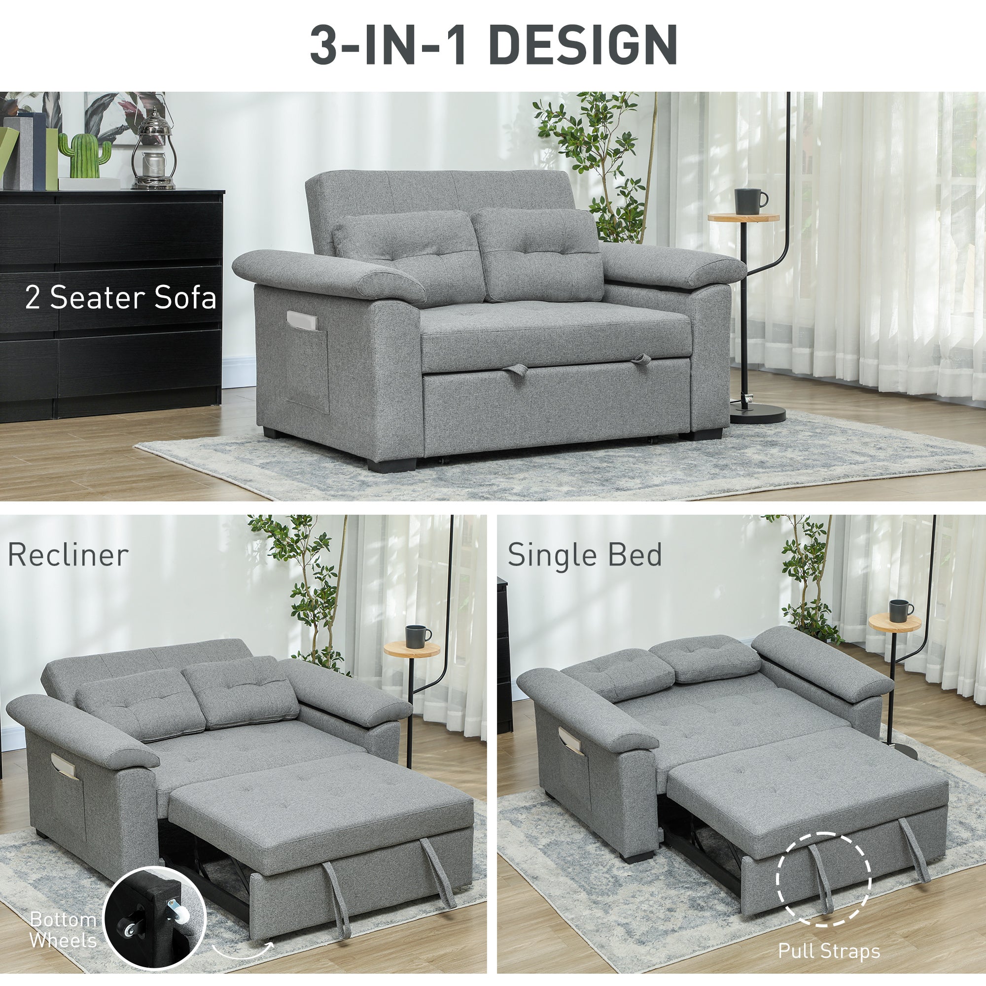 HOMCOM Pull Out Sofa Bed, Fabric 2 Seater Click Clack Sofa Bed Settee with 2 Pocket Springs, Convertible Sofa Couch with Pillows and Side Pockets for Living Room, Home Office, Light Grey
