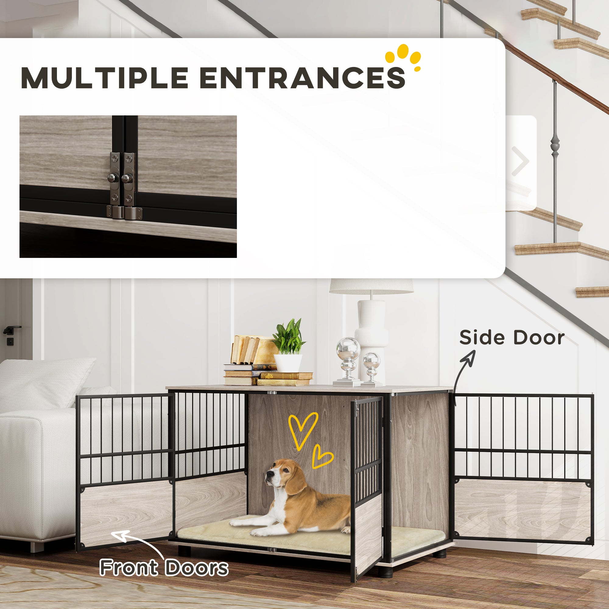 PawHut 100cm Furniture Style Dog Crate Dog Cage End Table Indoor with 3 Doors Soft Washable Cushion, for Large Sized Dogs