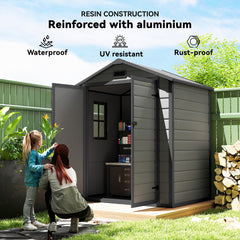 Outsunny 6'x4.5' Garden Storage Shed, Lockable Garden Shed with Double Doors, Window, Vent and Plastic Roof, Dark Grey