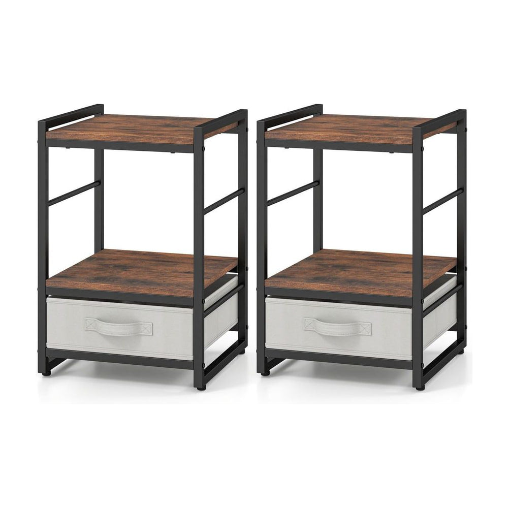 Nightstand Bedside Table with Fabric Drawer Open Wood Shelf shown as a pair against a white background