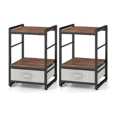 Nightstand Bedside Table with Fabric Drawer Open Wood Shelf shown as a pair against a white background