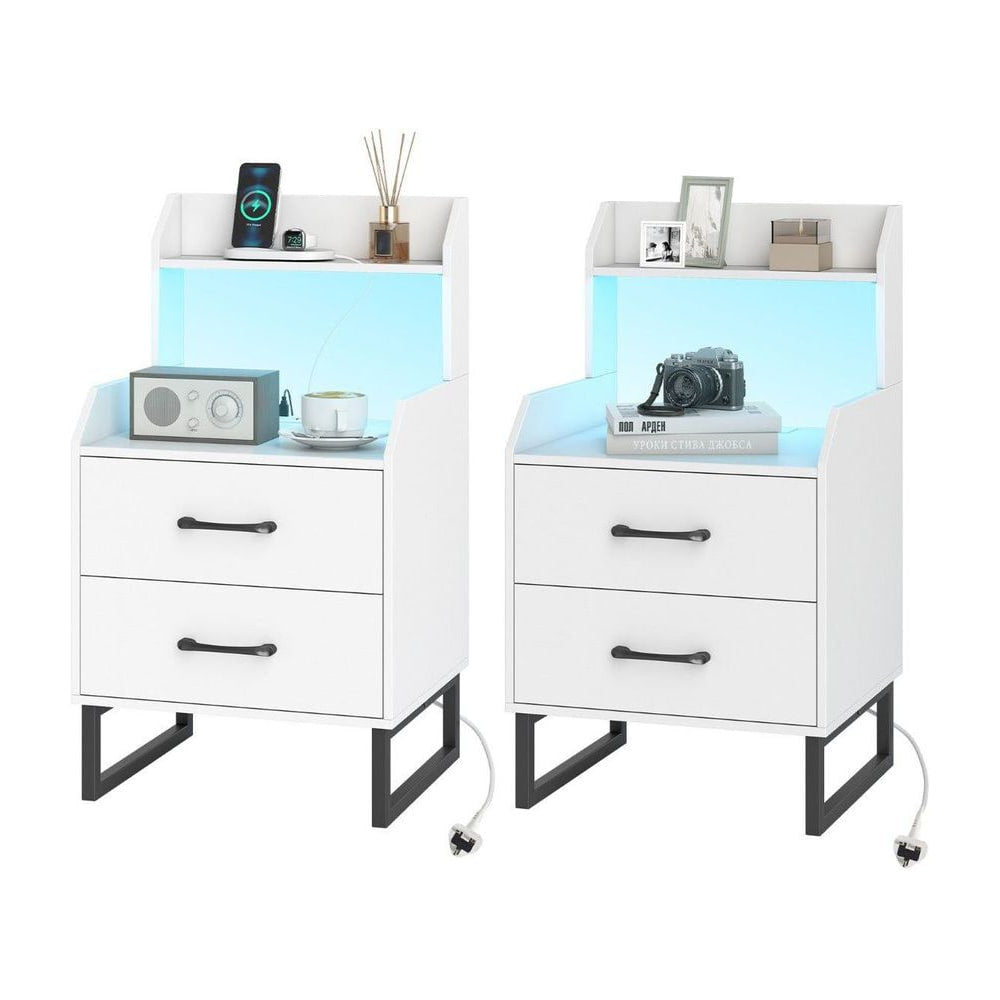 Nightstand Modern Bedside Table Set of 2 with built-in charging station in white