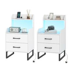 Nightstand Modern Bedside Table Set of 2 with built-in charging station in white
