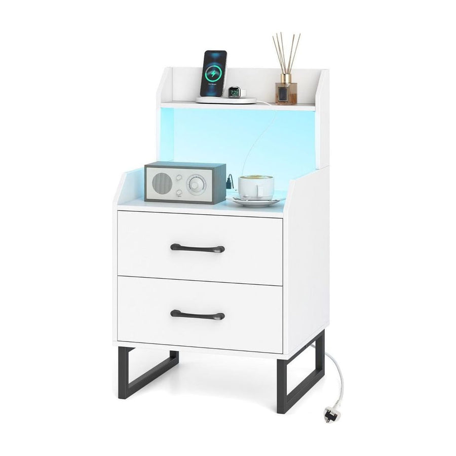 Nightstand Modern Bedside Table with Built-in Charging Station-White