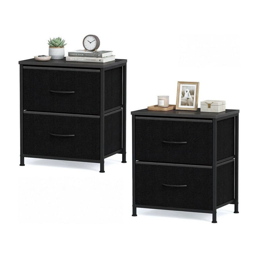 Nightstand Set of 2 End Table with Fabric Drawers for Bedroom-Black
