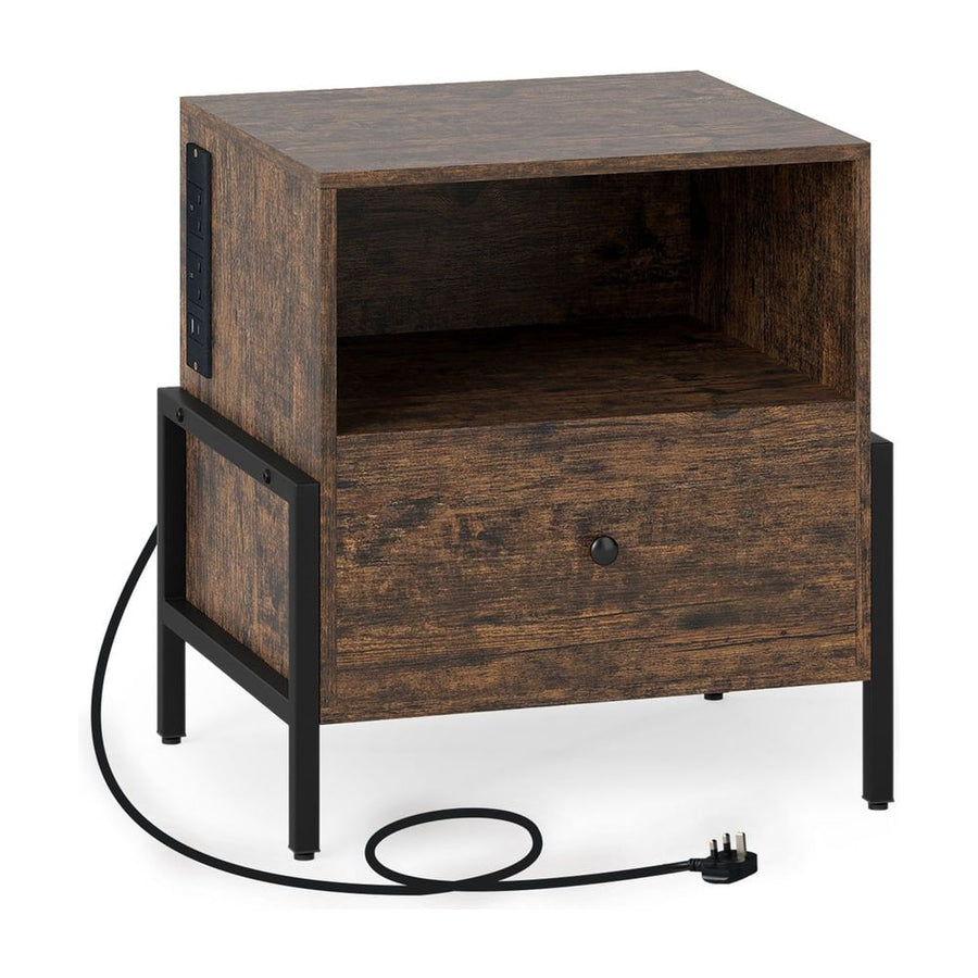 Nightstand with Charging Station 3-Tier Bedside Table with Drawer-Brown