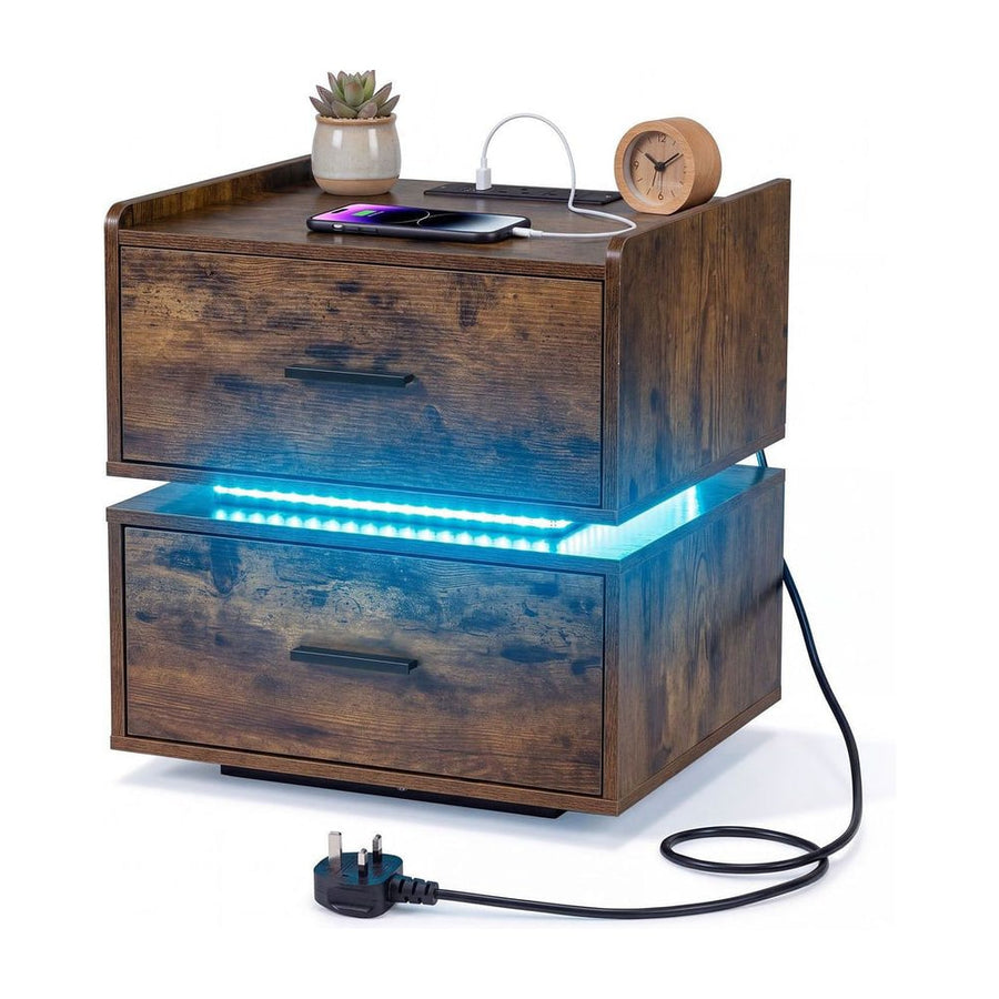 Nightstand with Charging Station and 2 Storage Drawers-Rustic Brown