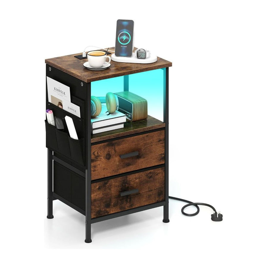 Nightstand with Charging Station and Folding Fabric Drawers-Rustic Brown