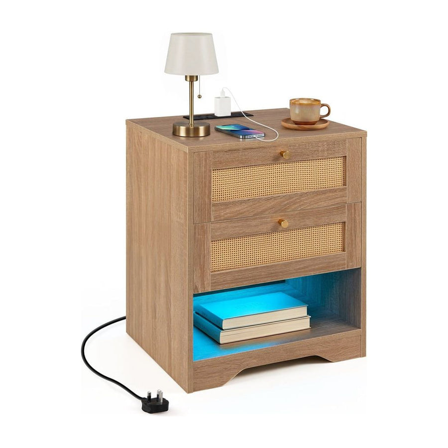 Nightstand with Charging Station and Open Storage for Bedroom-Oak