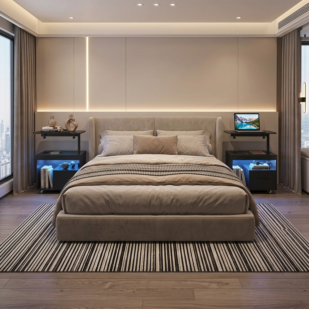 Two black bedside tables in a modern bedroom setting with a bed