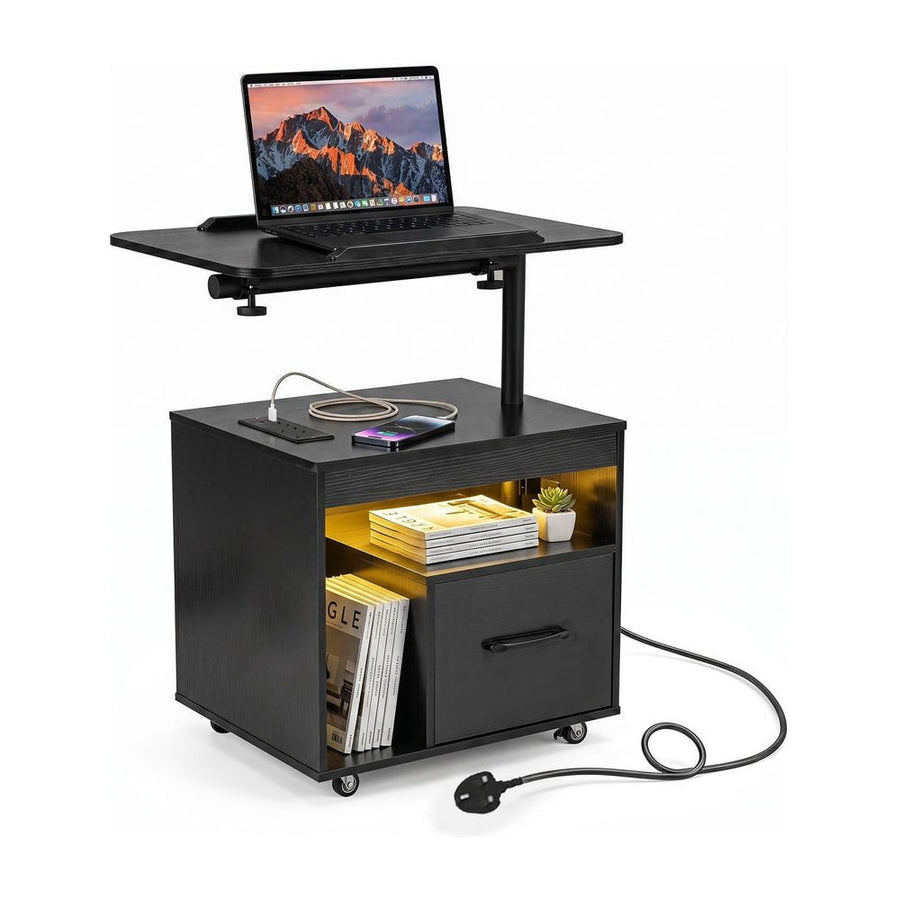 Nightstand with Charging Station and Rotatable Tabletop on Wheels for Bedroom-Black