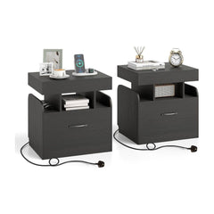 Nightstand with Charging Station Set of 2, two black bedside tables with drawers and charging ports