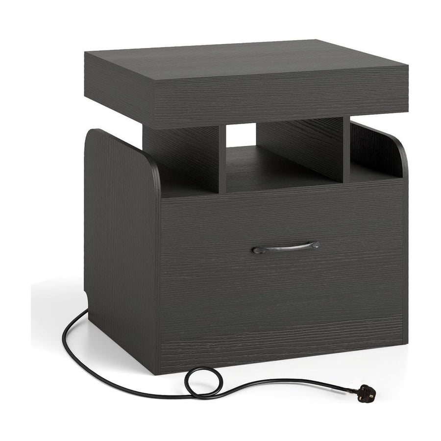 Nightstand with Charging Station with Drawer and Sliding Top Storage-Black