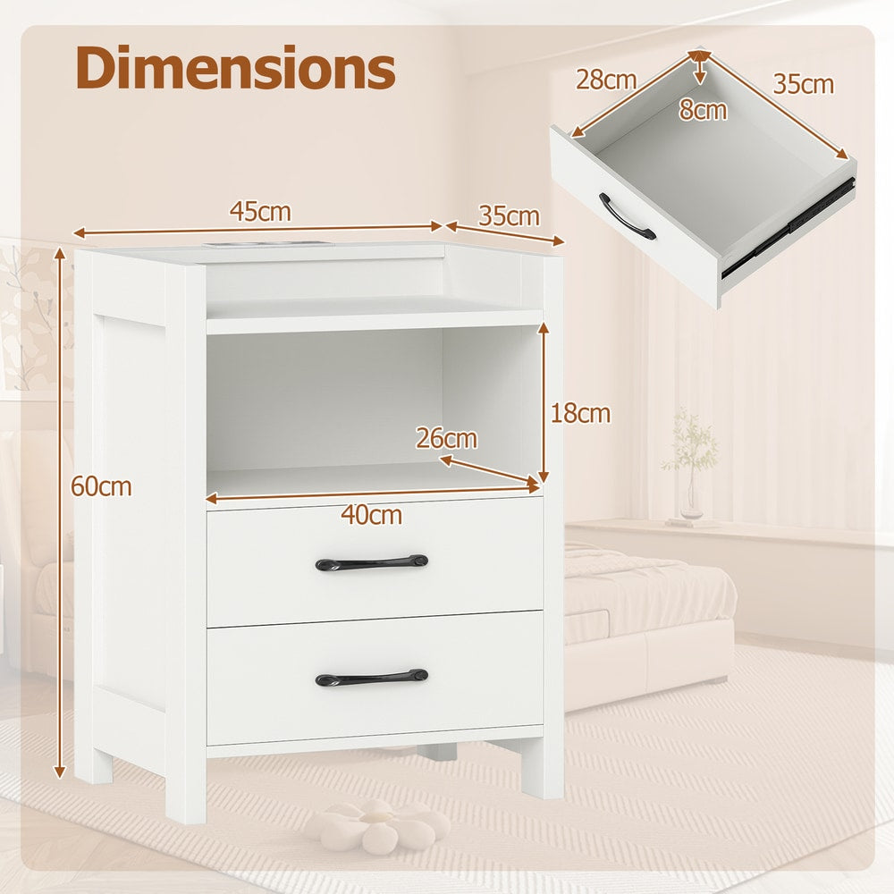 The nightstand with technical lines showing dimensions and an inset of an open drawer