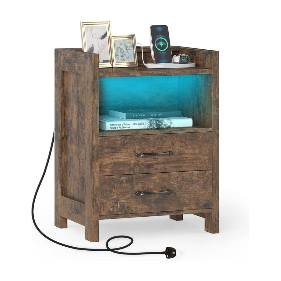 Nightstand with LED Lights and Power Outlets for Living Room-Rustic Brown