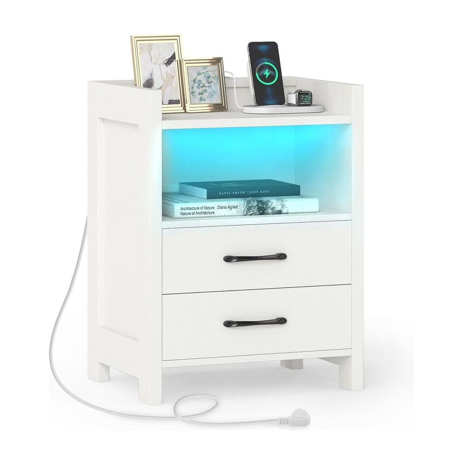 Nightstand with LED Lights and Power Outlets for Living Room-White