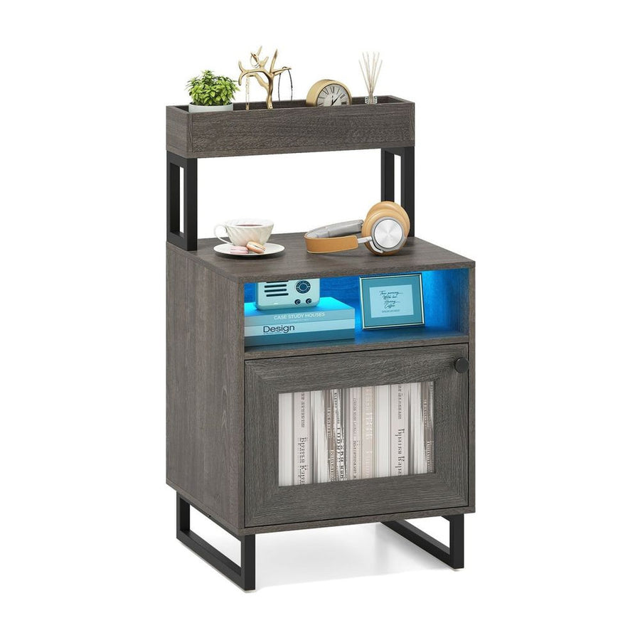 Nightstand with LED Lights Modern End Table with Top Tray-Grey