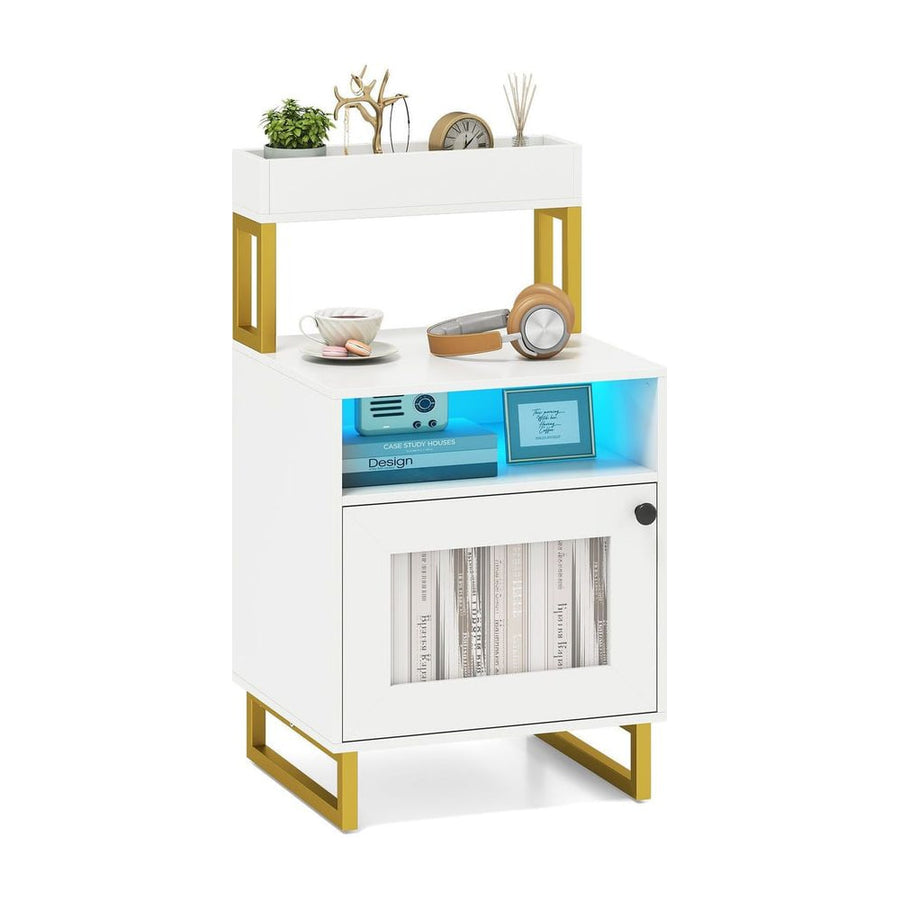 Nightstand with LED Lights Modern End Table with Top Tray-White
