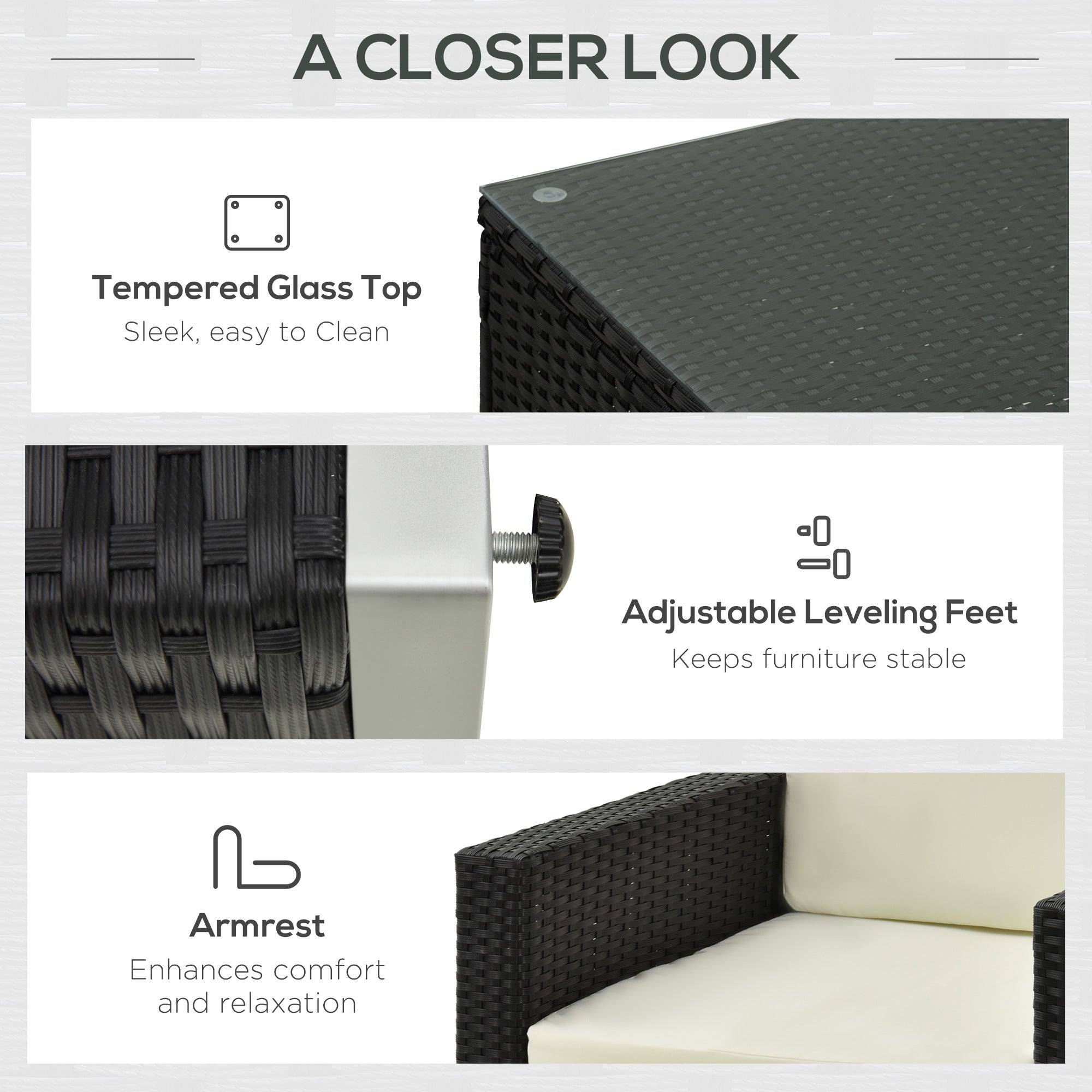 Outsunny 4-Seater Rattan Sofa Set Garden Rattan Furniture Wicker Steel Chair Seat Furniture Patio Rattan Garden Sofa Black