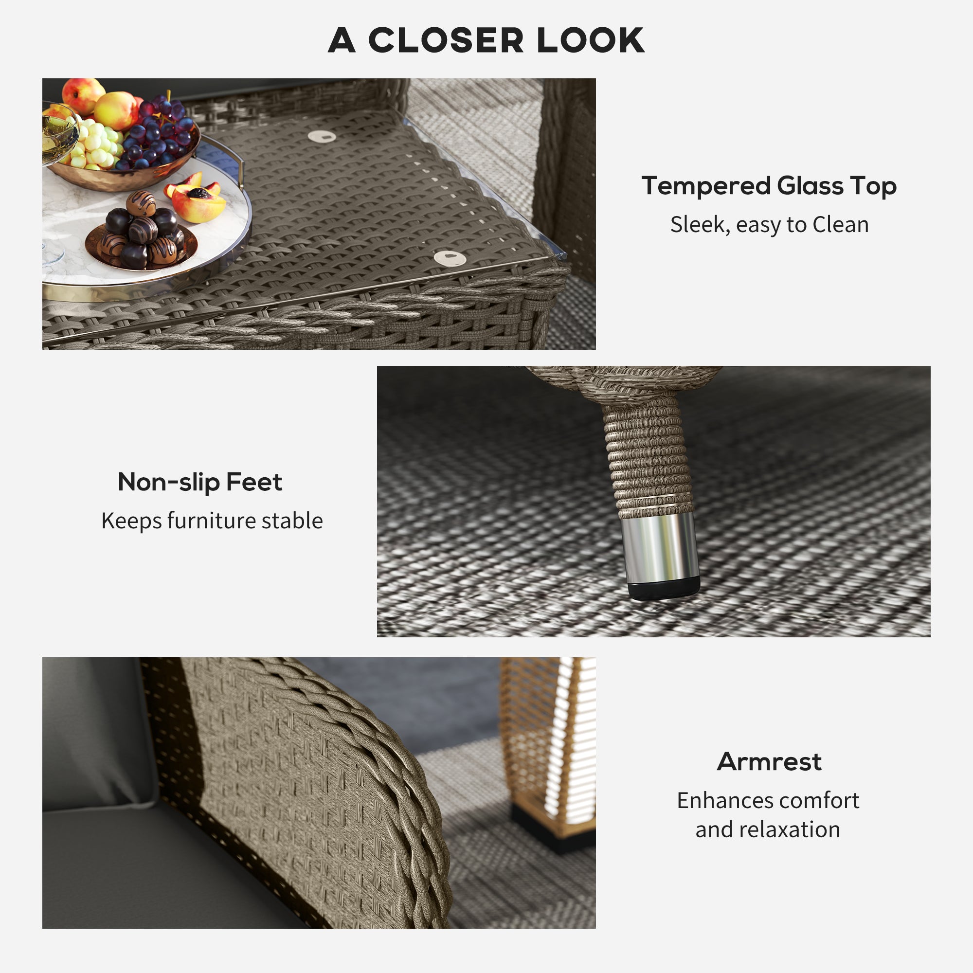 Outsunny Four-Piece Rattan Sofa Set, with Glass-Top Table - Light Grey