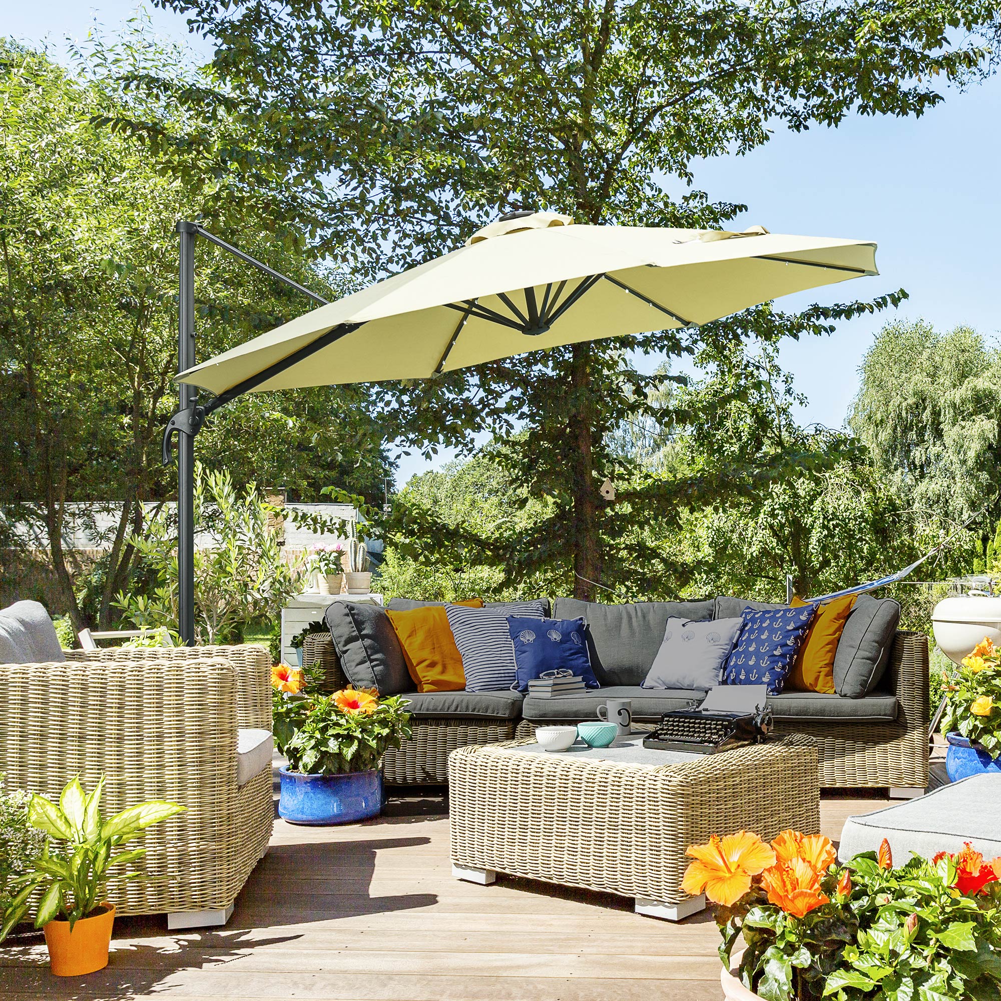 Outsunny 3(m) LED Cantilever Parasol Garden Sun Umbrella w/ Base and Solar Lights Beige