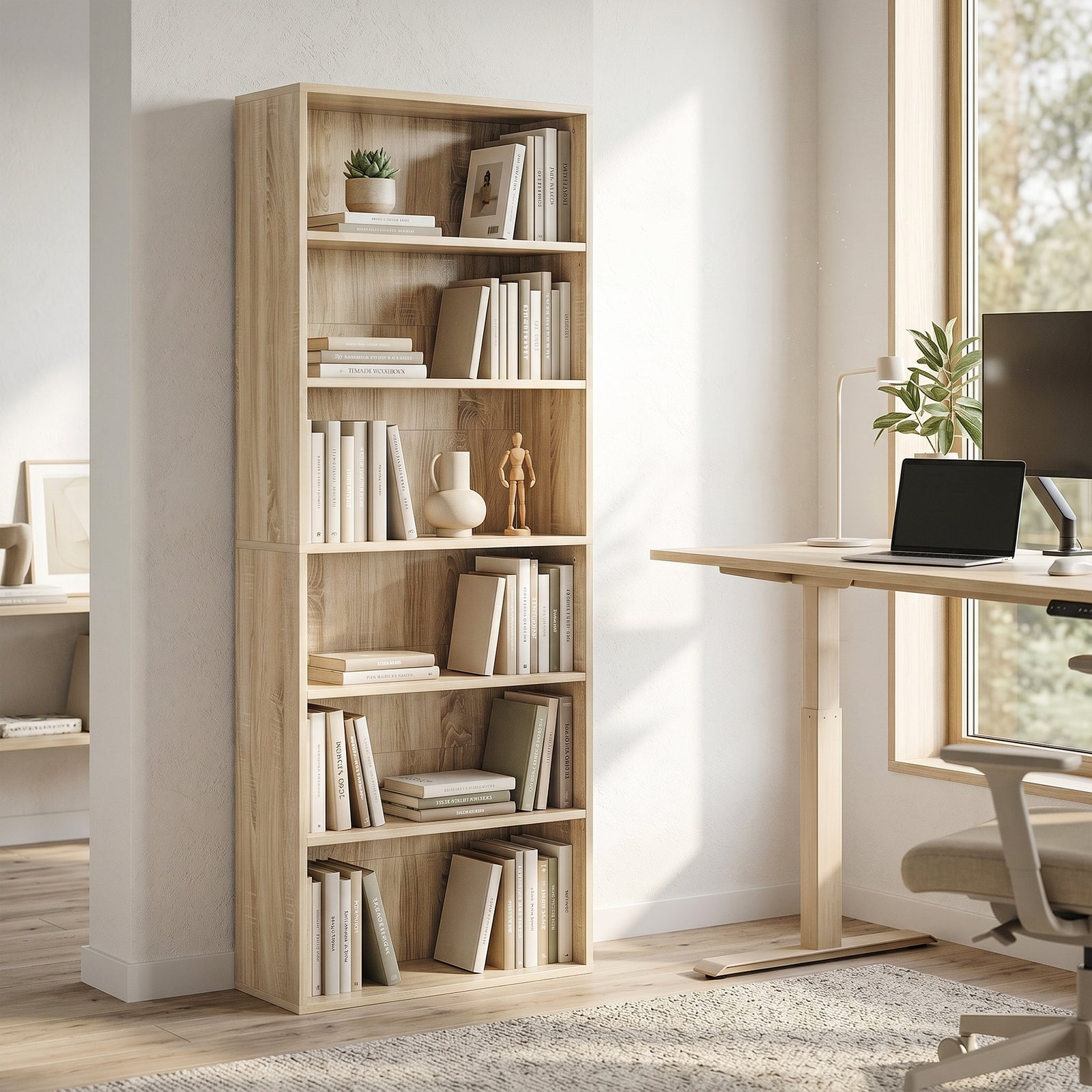 HOMCOM Six Shelf Bookcase - Oak