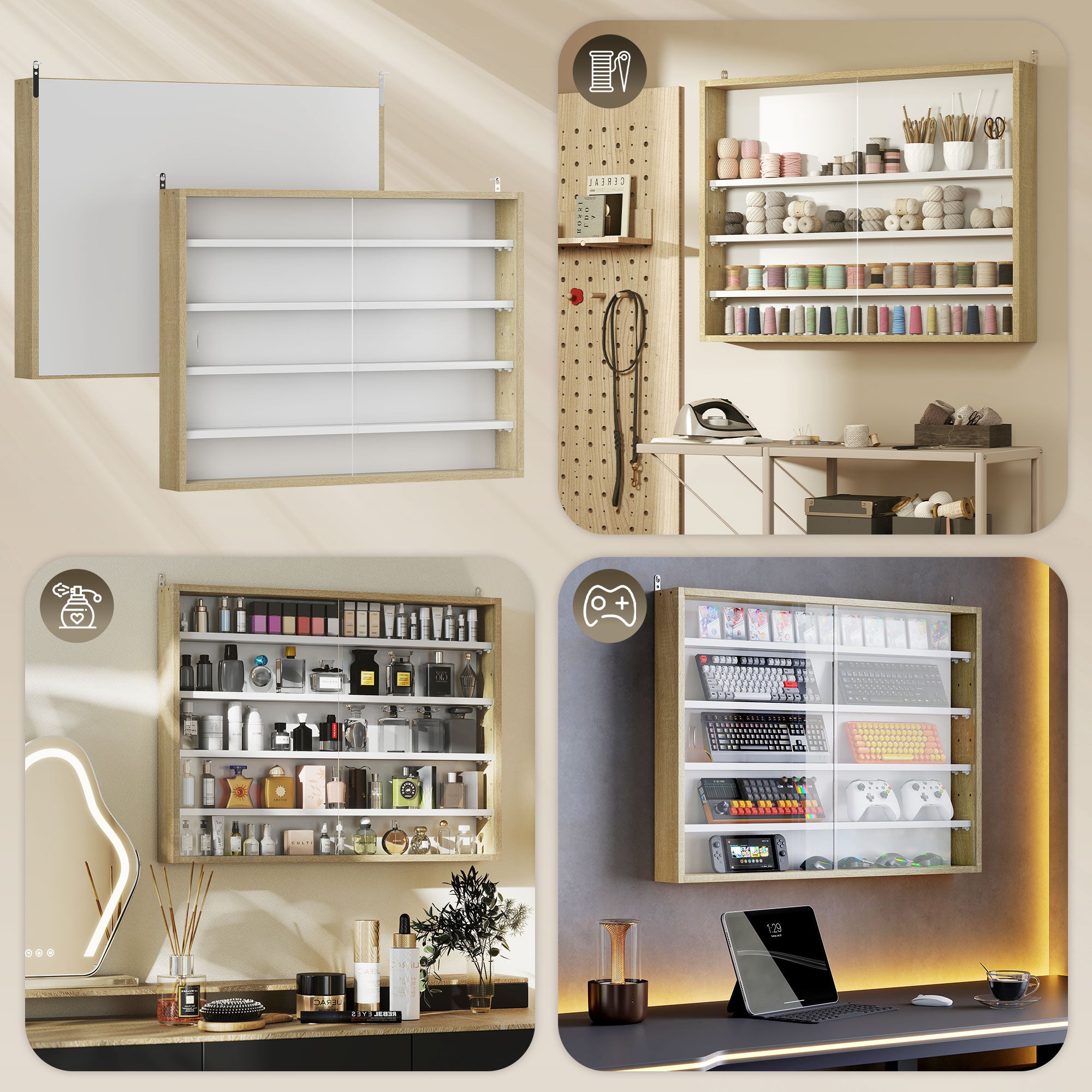 HOMCOM 5-Tier Wall Display Shelf Unit Cabinet w/ 4 Adjustable Shelves Glass Doors Home Office Ornaments 60x80cm Natural