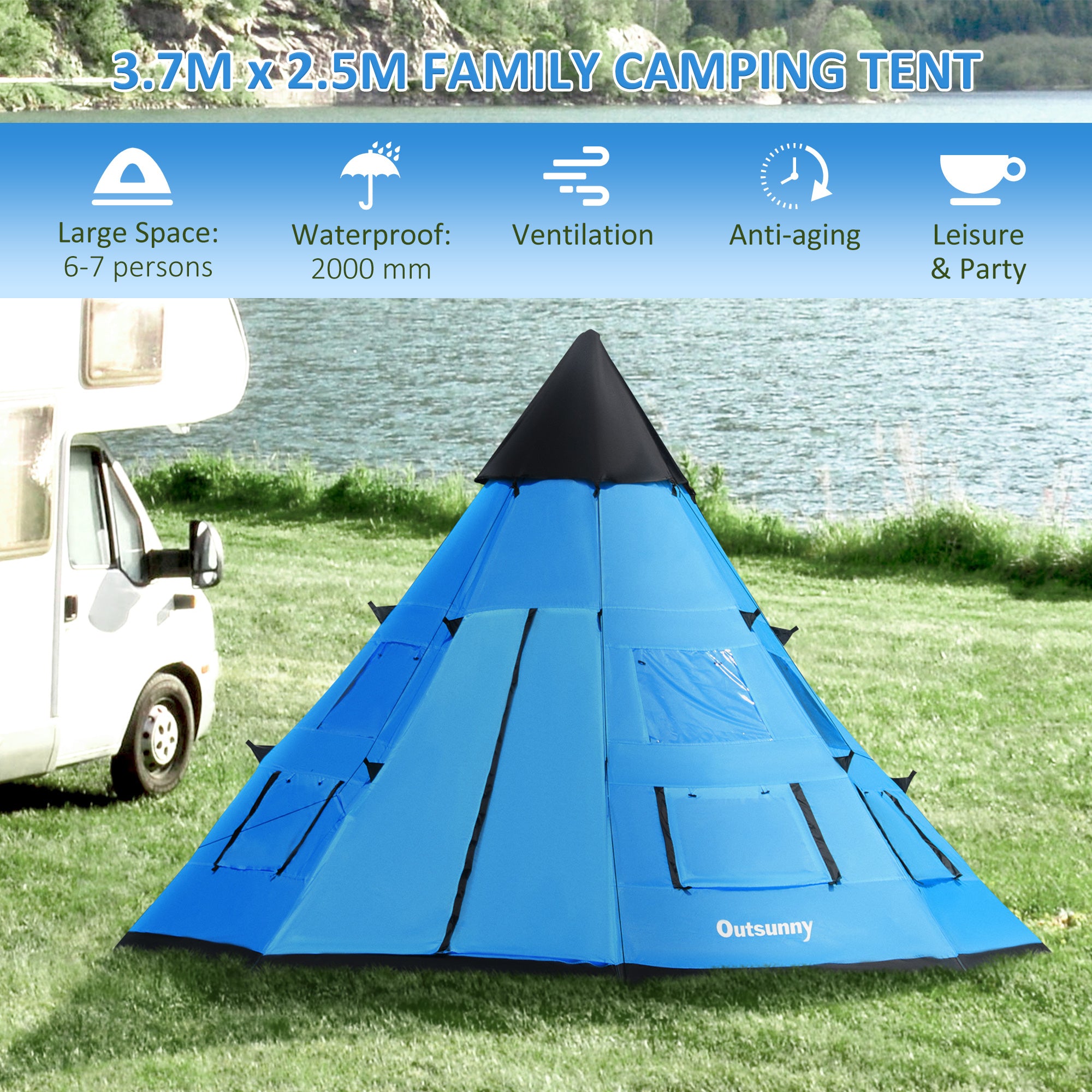 Outsunny 6 Men Tipi Tent with Carry Bag - Blue