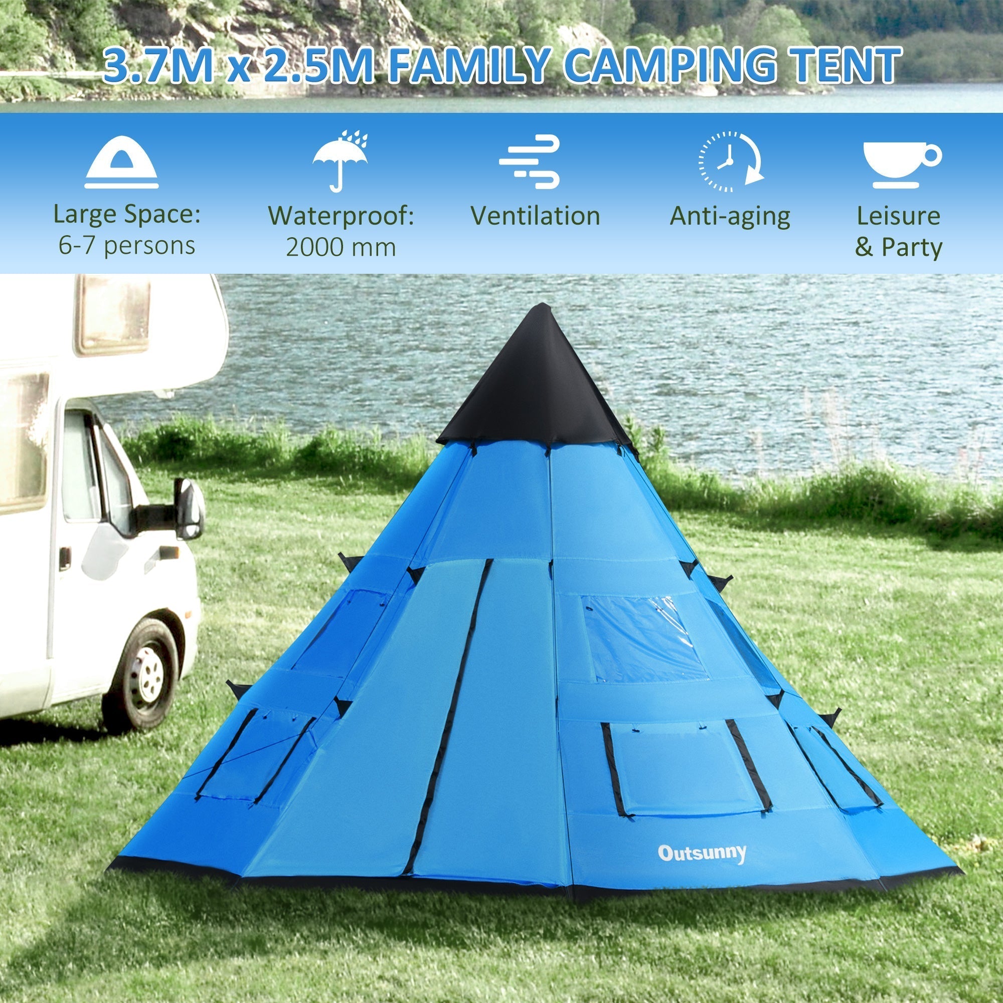Outsunny 6 Men Tipi Tent with Carry Bag - Blue