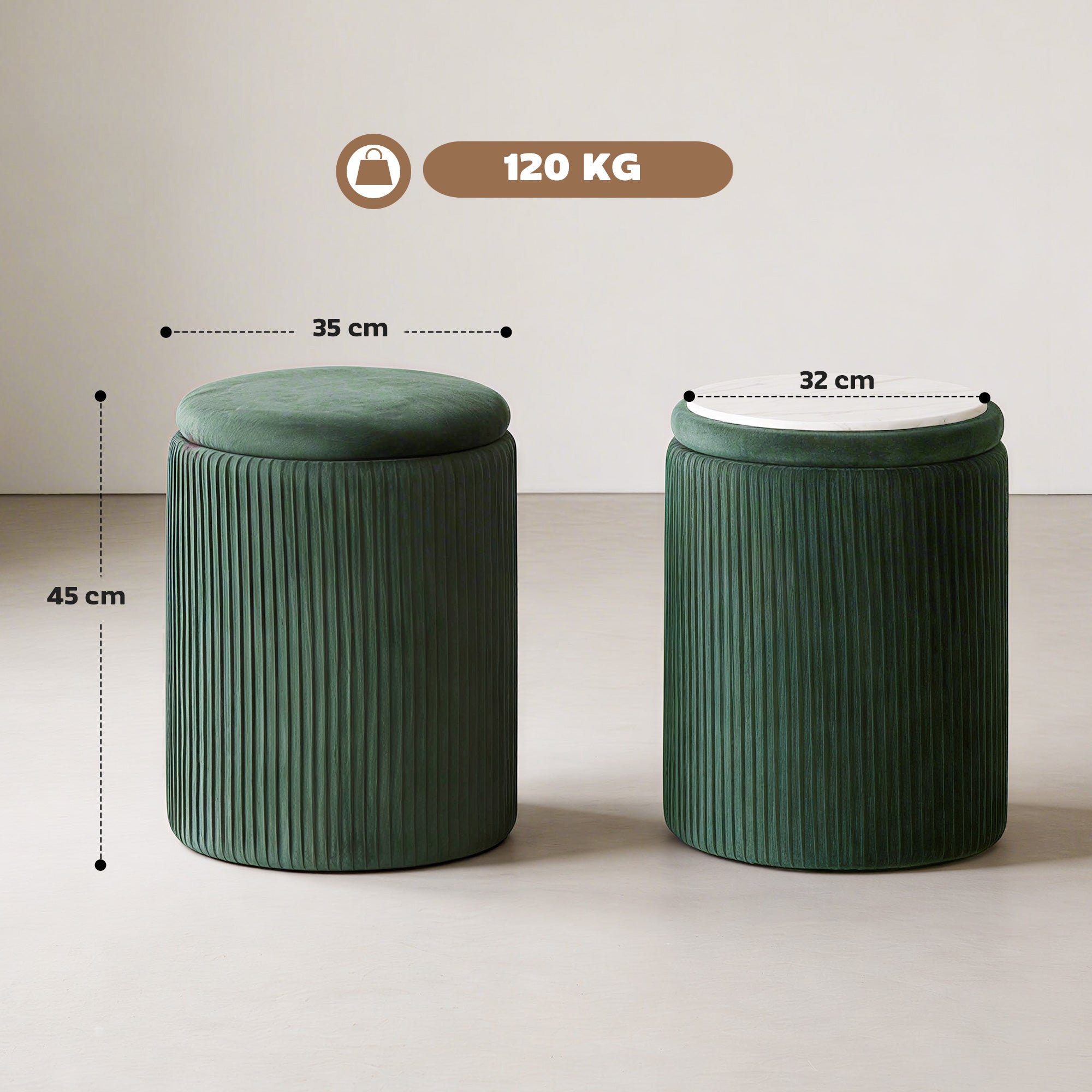 HOMCOM Storage Ottoman Modern Velvet Round Foot Stool for Living Room Bedroom 45 cm Dark Green