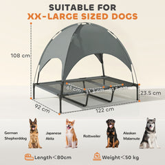 PawHut Outdoor Dog Bed with Removable Canopy, Portable Raised Dog Bed for Camping, Garden & Beach, Water-Resistant UV-Protection Mesh Pet Cot Sun Lounger, for XL Pets, 122 x 92 x 108 cm, Grey