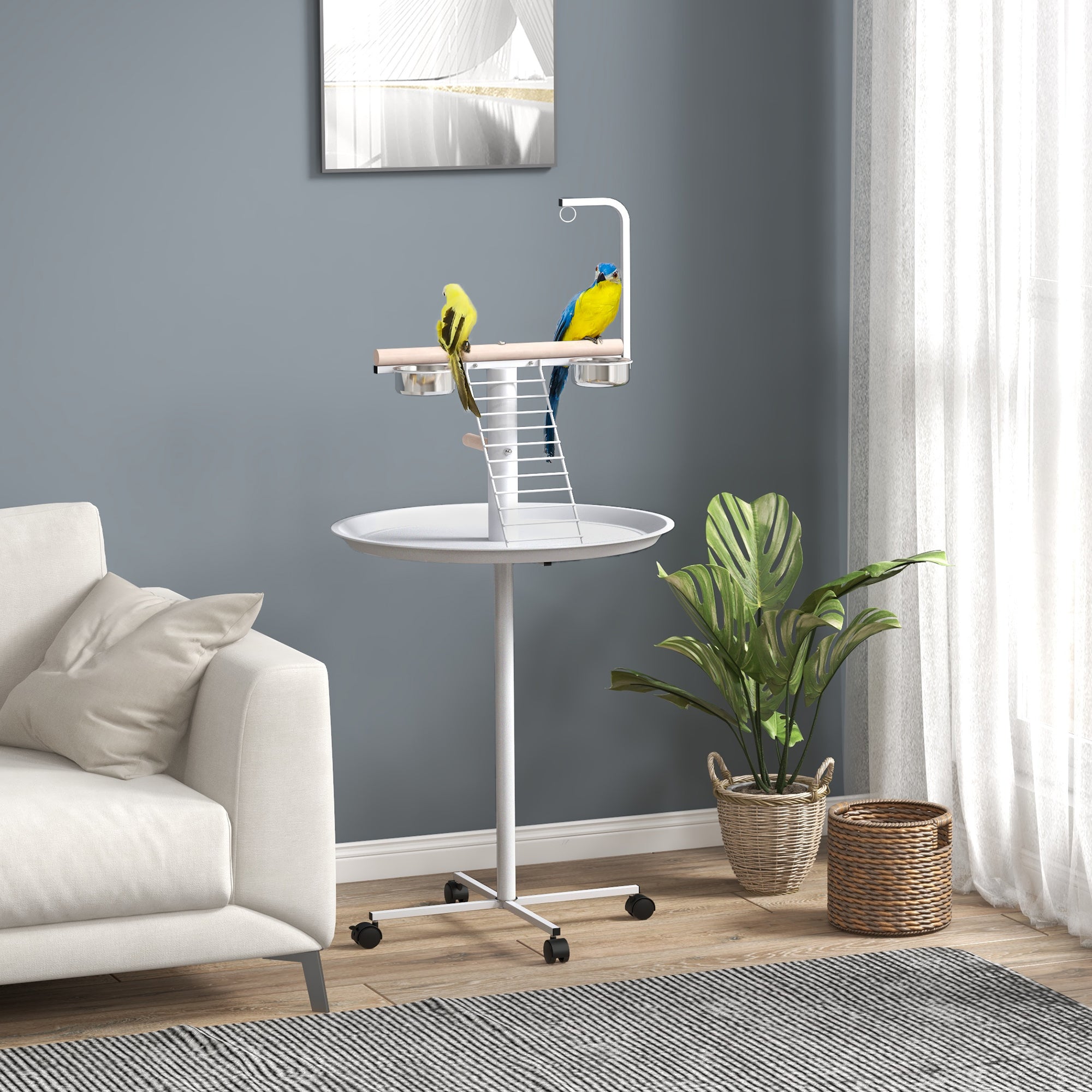 PawHut Bird Stand with Four Wheels, Perches, Stainless Steel Feed Bowls, Round Tray, for Garden, Indoor, Outdoor - White