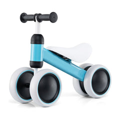 No Pedal Baby 4 Wheels Balance Bike in blue with white seat and handlebars