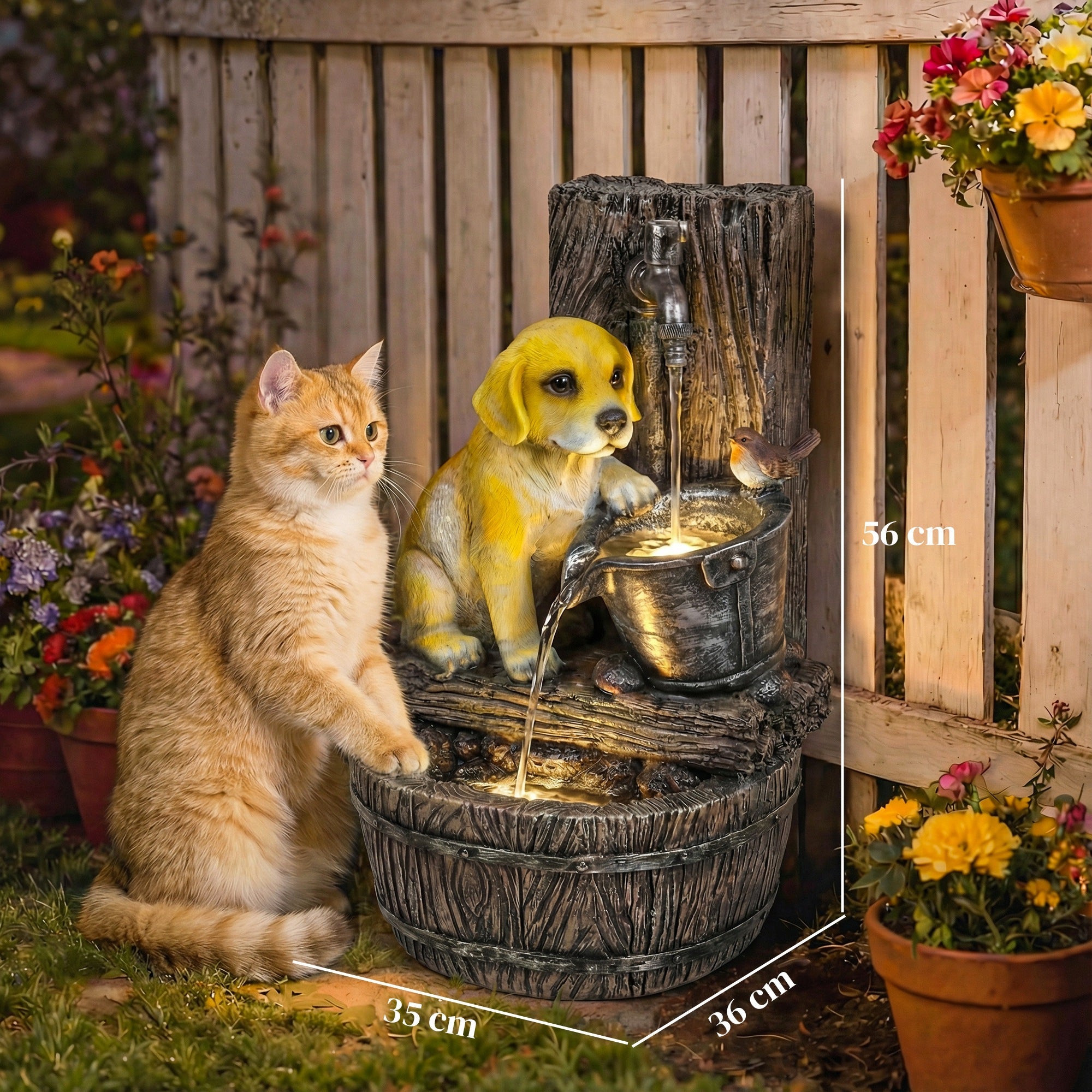 Outsunny Garden Water Feature with 3-Tier Rustic Puppy Design, Freestanding Resin with LED Lights, Adjustable Flow, Rustic Brown