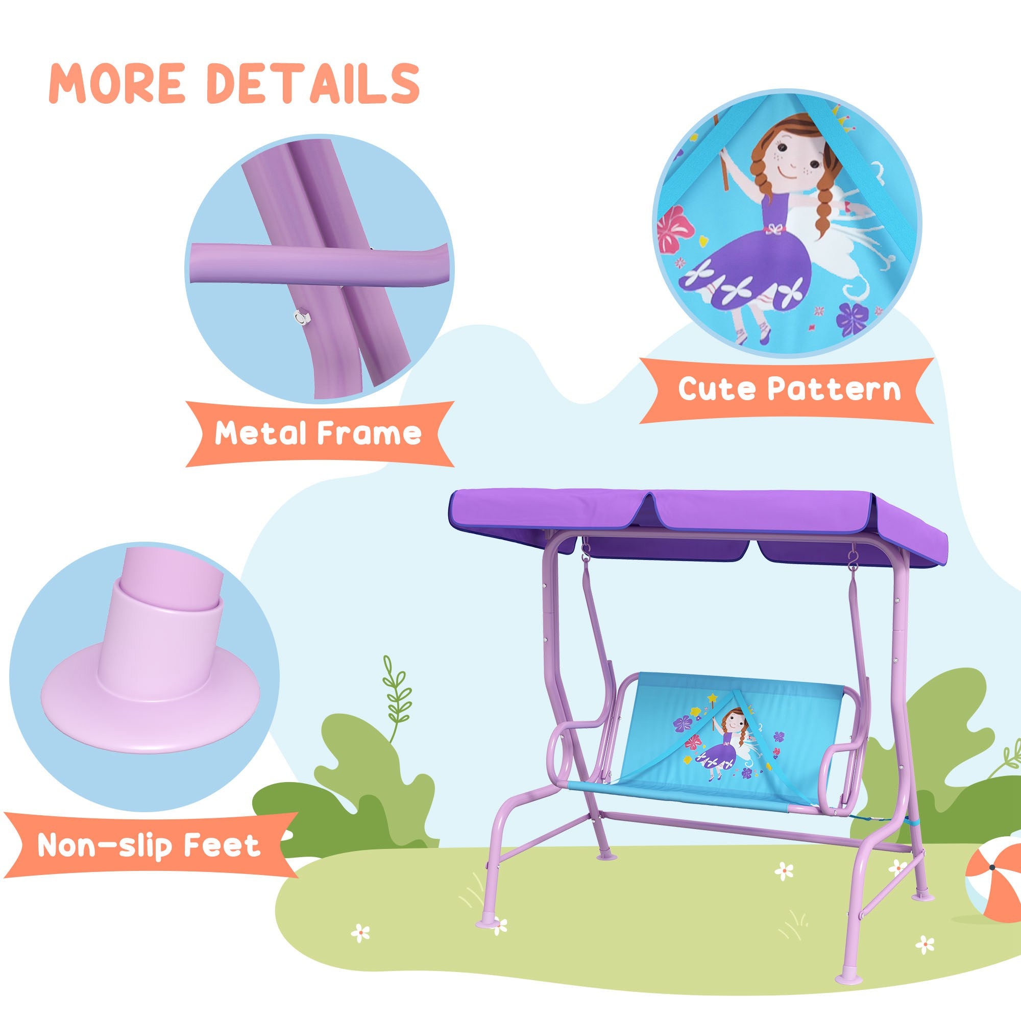 Outsunny Two Seater Kids Garden Swing, Fairy Themed kids Swing Chair with Adjustable Canopy, Safety Belts for Outdoor Use