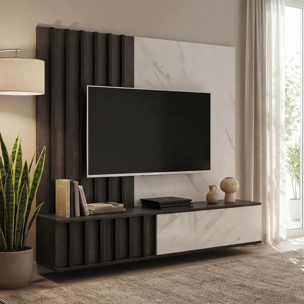 Noir II Entertainment Unit For TVs Up To 70" shown in a modern living room with a mounted television