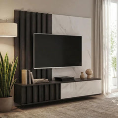 Noir II Entertainment Unit For TVs Up To 70" shown in a modern living room with a mounted television