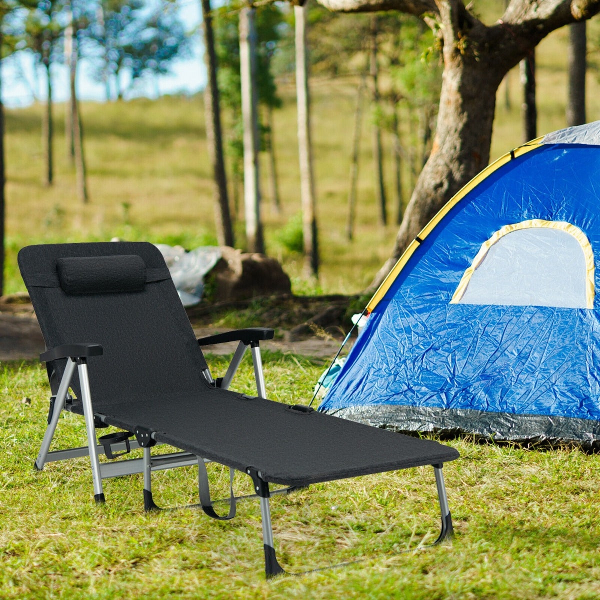 Folding Outdoor Chaise Lounger with Detachable Pillow and Cup Holder-Black