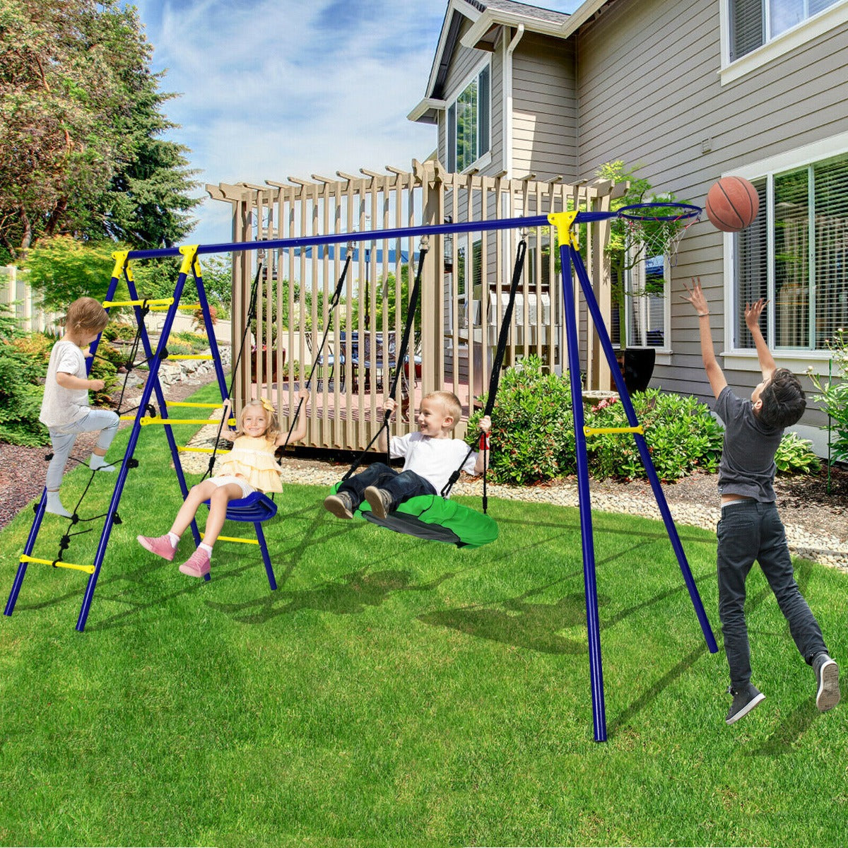 Kids Swing Set with Basketball Hoop and Climbing Ladder